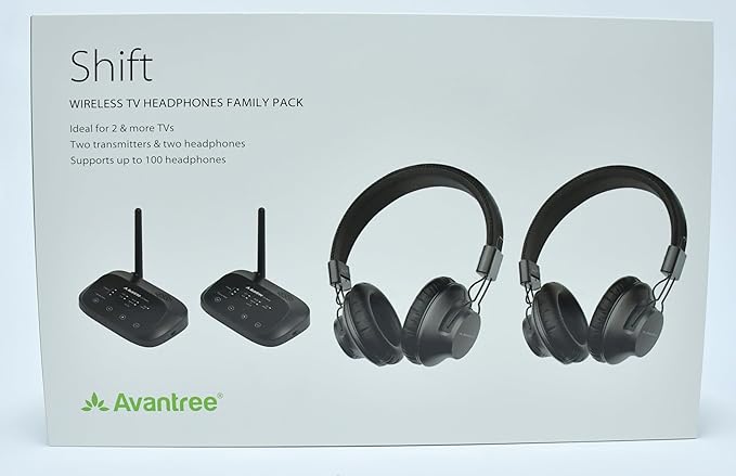 Avantree Shift - Wireless TV Multiple Headphones Pack, Ideal for Watching 2 or More TVs, with Cross-Compatibility, Pass-Through, Long Range, Scalable to 3 Transmitters and 100 Headphones