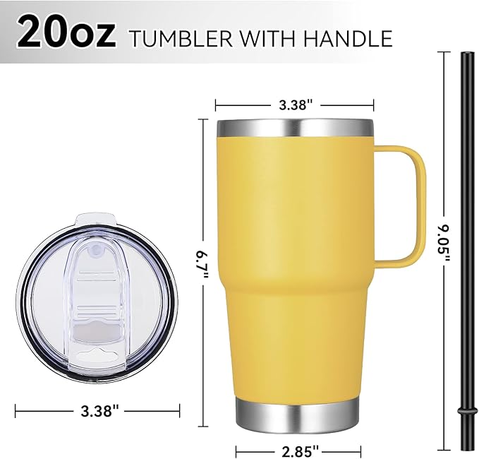 VEGOND 20 oz Tumbler Bulk with Handle Lid and Straw, Stainless Steel Insulated Travel Coffee Mug Set, Spill Proof Double Wall Metal Tumblers Cups, Yellow 6 Pack