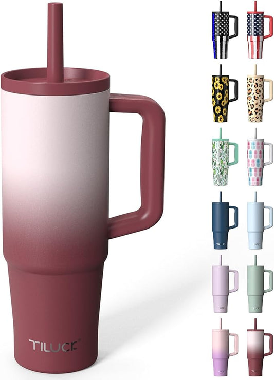 TILUCK 30 oz Tumbler with Handle, Vacuum Insulated Stainless Steel Travel Mug with 100% Leak-Proof Silicone Straw Lid, Cupholder Friendly Water Bottle(BurgundyGradient, 30oz)
