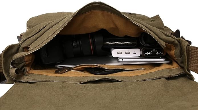 Sechunk Vintage Military Leather Canvas Laptop Bag Messenger Bags Medium