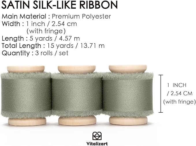 Vitalizart Dusty Sage Green Silk Satin Ribbon 1 Inch x 15 Yard Handmade Frayed Chiffon Ribbon with Wooden Spool for Gift Wrapping, Wedding, Bridal, Flower Bouquets, Home Decor