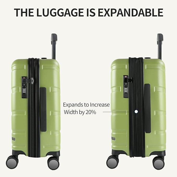 VANKEAN Carry On Luggage with Spinner Wheels & TSA Lock, Expandable Fashionable Hard Shell Suitcase airline approved，20 Inch Carry-On，Green