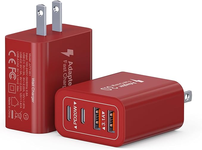 40W USB C Charger Block, 2-Pack 4-Port Type C Fast Charging Brick Dual PD&QC Wall Plug Adapter Power Brick for iPhone 16/Pro/Pro Max/Plus/15/14/13/12/iPad/Airpods/iwatch/Samsung Galaxy (Red)