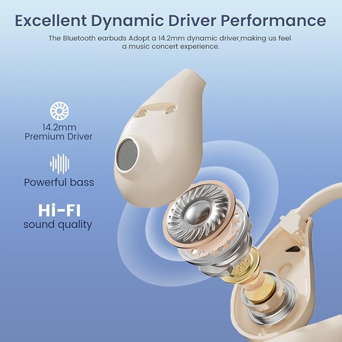 Open Ear Earbuds Wireless Bluetooth Headphones, 60Hrs Playtime Stereo Sound Earphones with IPX7 Waterproof Ear Buds, Ideal for Fitness, Travel - Off White