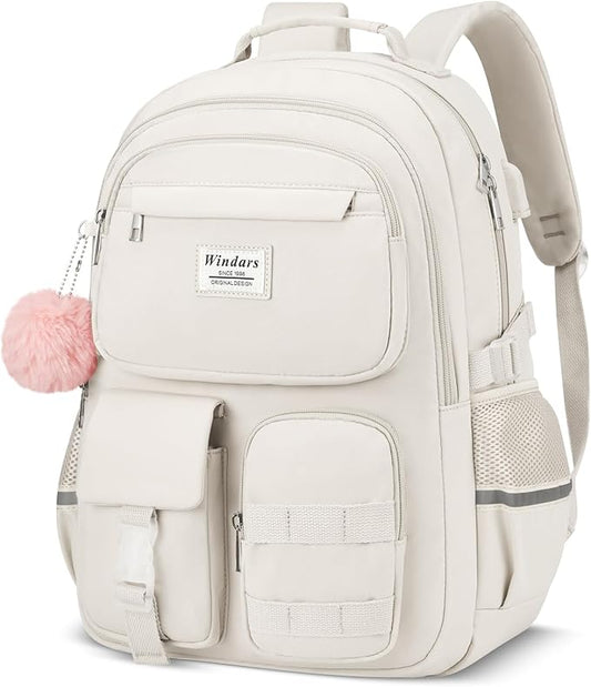 School Backpack for Teen Girls, Cute Laptop Backpack for Women Students, Middle High School Bags Aesthetic Bookbag for College Travel Fit 15.6 Inch Laptop (Beige)