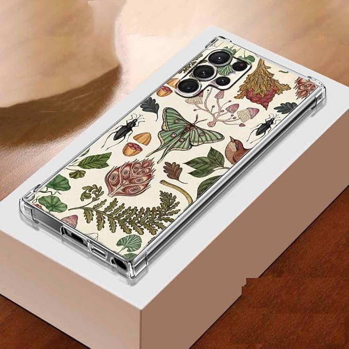 Case for Samsung Galaxy S23 Ultra with Botanical Art Design,Aesthetic Vintage Cottagecore Mushroom Moth Pattern,Trendy Soft TPU Bumper Phone Cover,6.8"(Moth,S23U)