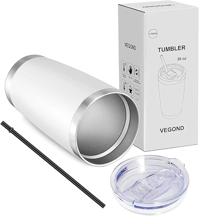 VEGOND 20oz Tumbler with Lid and Straw Stainless Steel Tumbler Cup Bulk Vacuum Insulated Double Wall Travel Coffee Mug Powder Coated Coffee Cup(White 12 Pack