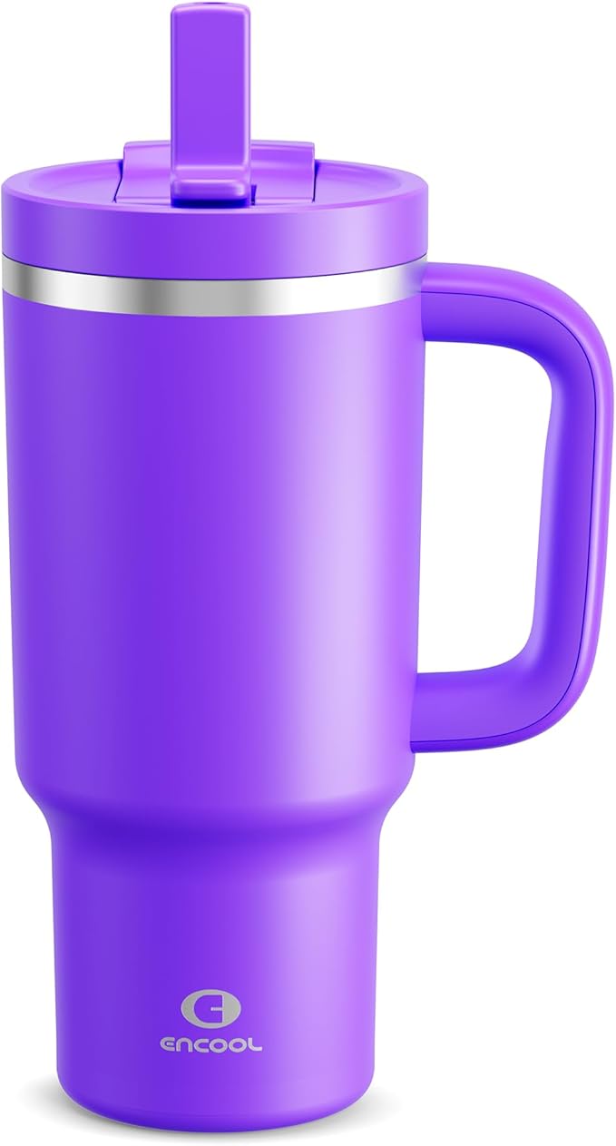 32 oz Tumbler with Handle and Straw: Stainless Steel Insulated Tumbler Keeps Cold for 24 Hours, Leakproof Travel Cup Fits in Cup Holder and BPA-Free, Violet