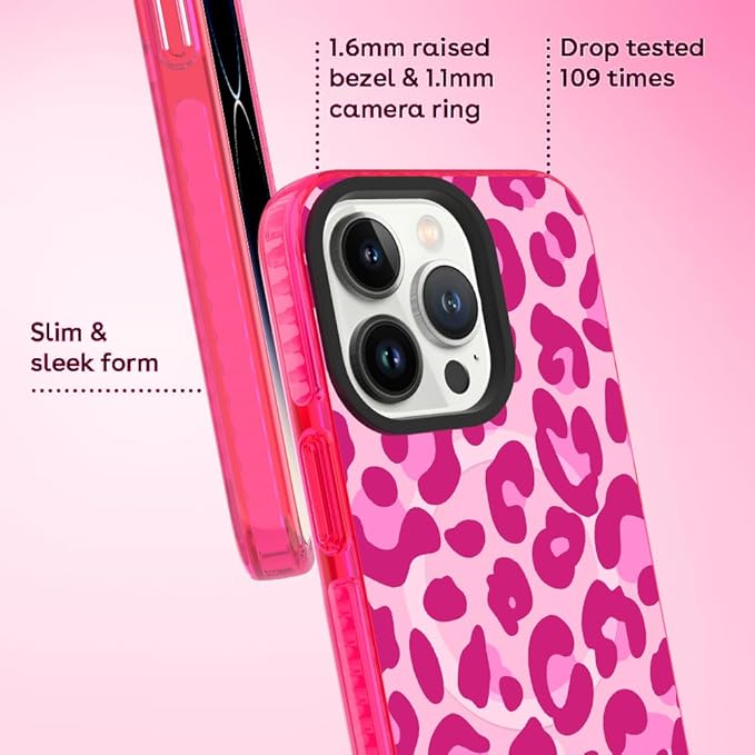 SAKUULO Magnetic for iPhone 14 Pro Case Hot Pink Leopard Print Pattern [Compatible with MagSafe] Wireless Charge Strengthen Protection Cover, Hot Pink Leopard (6.1")
