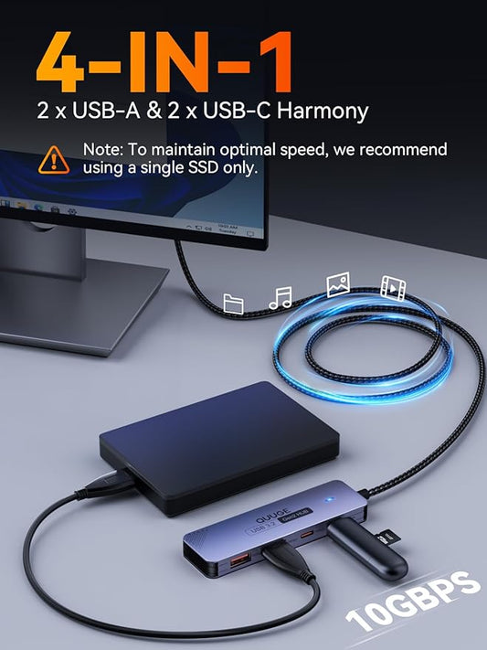 USB C Hub 10Gbps, USB 3.2 Gen 2 HUB with 2*USB-C & A, Type C Multiport Adapter for MacBook Pro/Air, Acer Aspire, HP Laptops, iPad Pro, iPhone 15/15 Pro Max and More, 100cm(3.3Ft) Long Cable