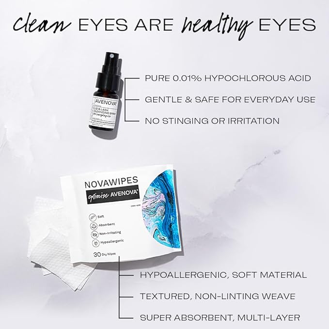 Avenova Eyelid and Eyelash Cleanser Spray with 30 Dry Wipes - Gentle Everyday Hypochlorous Acid Lid and Lash Cleansing Spray for Clearer and Healthier Eyes, 20mL