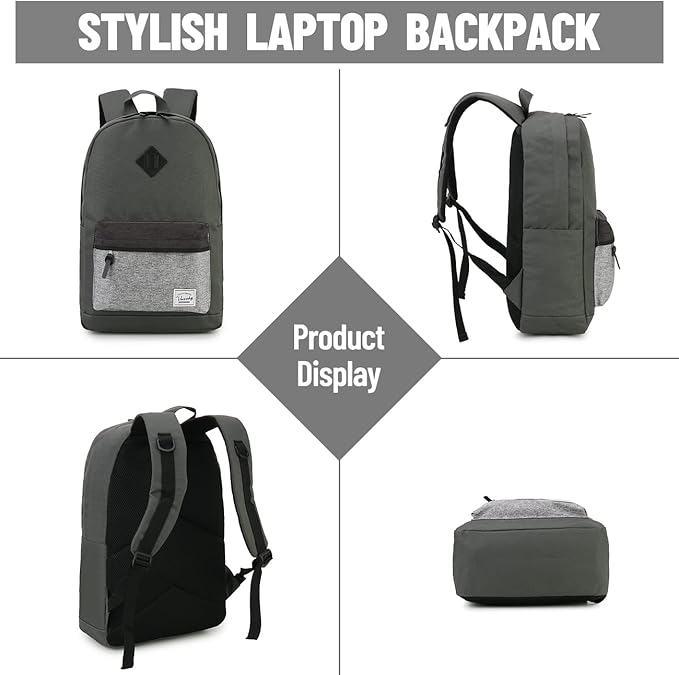 VASCHY Backpack for Men Women, Water-Resistant School Backpack Bookbag Schoolbag Casual Daypack Work Gray