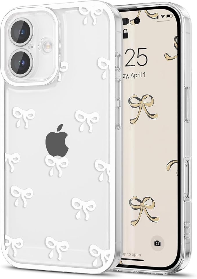 EYZUTAK Case for iPhone 17, Clear Cute Ribbon Bowknot Pattern Aesthetic Transparent Phone Case Raised Camera Protection Stylish Slim Soft Durable TPU Protective Cover for Women Girls - White