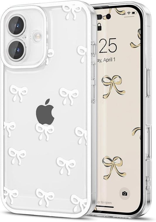 EYZUTAK Case for iPhone 17, Clear Cute Ribbon Bowknot Pattern Aesthetic Transparent Phone Case Raised Camera Protection Stylish Slim Soft Durable TPU Protective Cover for Women Girls - White