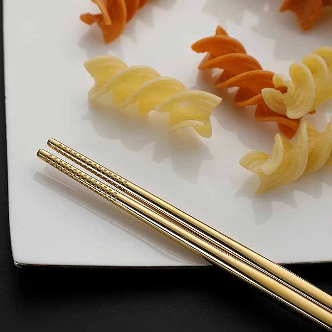 DEVICO Portable Utensils, Travel Camping Cutlery Set, 8-Piece including Knife Fork Spoon Chopsticks Cleaning Brush Straws Portable Case, Stainless Steel Flatware set (Gold)