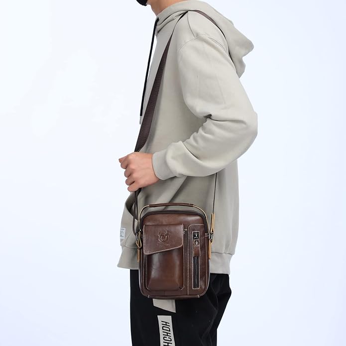 LUKZIJAES Small Genuine Leather Shoulder Bag Men Messenger Handbag Lightweight Sling Crossbody Bag