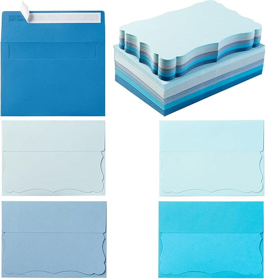 100 Pack A4 Envelopes with Colorful Blank 4x6 Cards Self-Adhesive Business Envelopes Invitations Cards Envelopes (5 Colors Blue, A4)