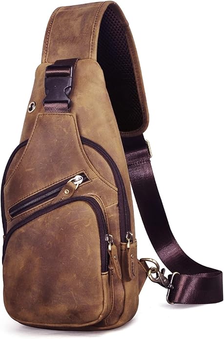Le'aokuu Men Fashion Casual Tea Designer Travel Hiking Crossbody Chest Sling Bag Rig One Shoulder Strap Bag Men Leather 8015