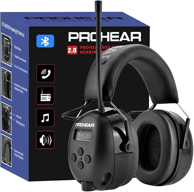 PROHEAR 033 Upgraded Bluetooth Hearing Protection AM FM Radio Headphones, 31SNR Noise Reduction Ear Muffs with Long-Lasting Stable Rechargeable Battery, 50 Hrs for Mowing Snowblowing, Black