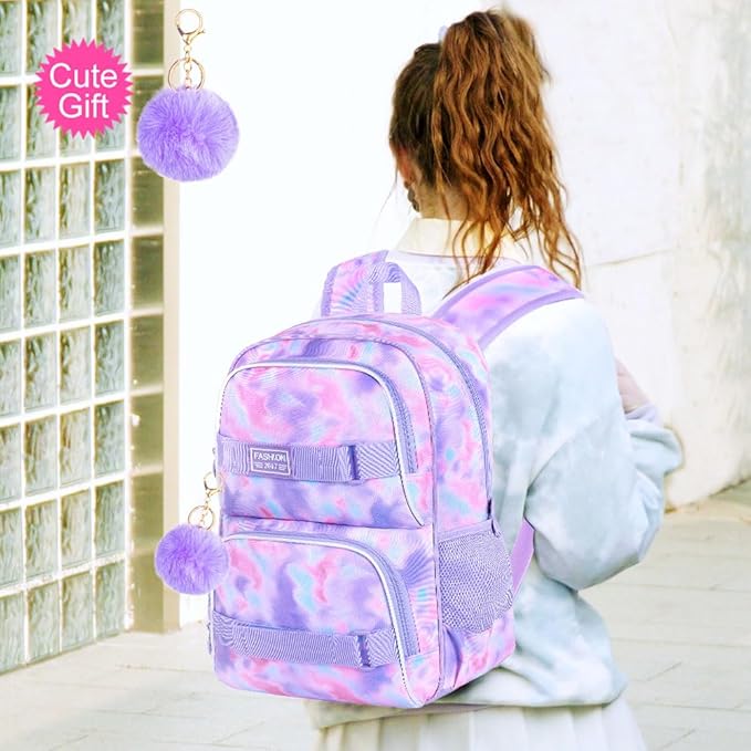 17 Inches Backpack for Girls Women, 3Pcs Tie-dye College School Bookbag Set for Teens Students, Water Resistant Laptop Backpacks with Lunch Bag(Purple)