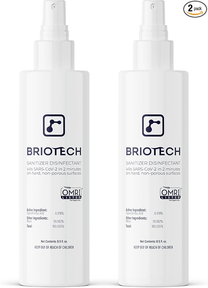 BRIOTECH Sanitizer Disinfectant Hypochlorous Spray, Kill 99.99% of Viruses & Bacteria, Control Mold, Eliminate Odor, Gentle for Nursery & Play Rooms, Food Contact Surface Sanitizer, 8 fl oz (2 Pack)
