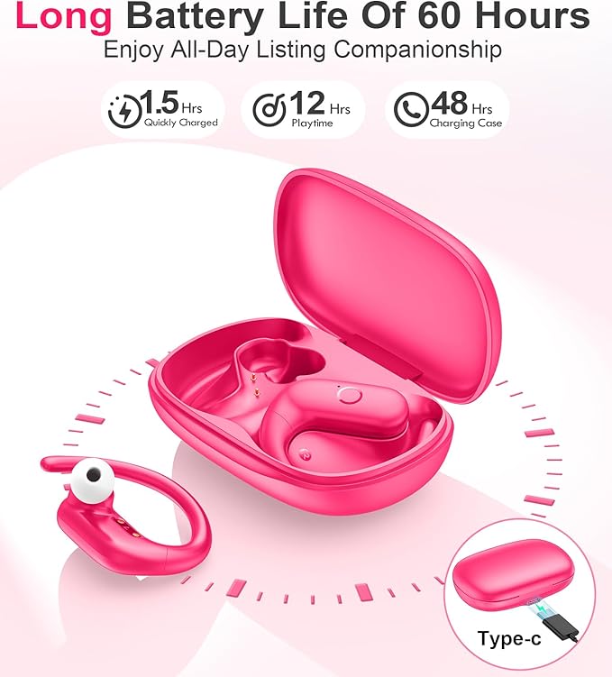 MOZOTER Wireless Earbuds Bluetooth 5.3 Headphones Sport,Over Ear Buds with Deep Bass Sound,60Hrs Playtime Earphones Redesigned Comfort Fit with Earhooks for Running,Meeting,Workout-Pink