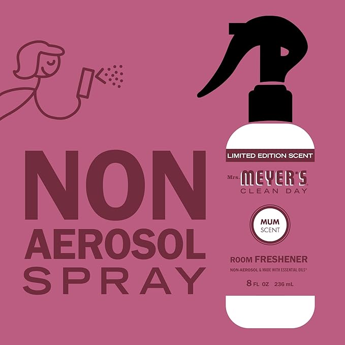 MRS. MEYER'S CLEAN DAY Room and Air Freshener Spray, Non-Aerosol Spray Bottle Infused with Essential Oils, Mum, 8 fl. oz