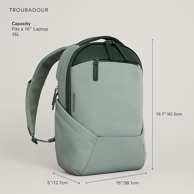 Troubadour Apex 4.0 Compact - 16L Premium Laptop Backpack - Ergonomic & Water Resistant - Designed for Work and Travel - Green Smoke