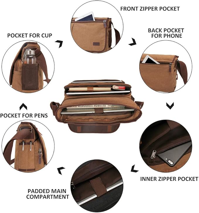 Modoker Messenger Bag for Men, 13 Inches Laptop Satchel Bags, Canvas Shoulder Bag with Bottle Pocket
