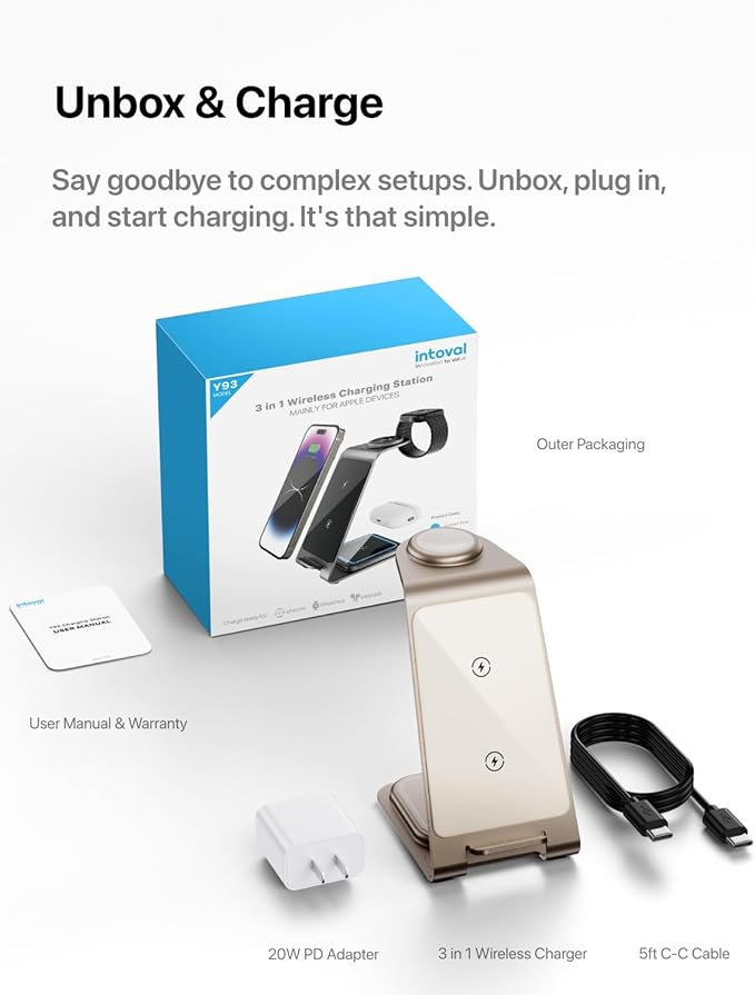Intoval 3 in 1 Wireless Charging Station for iPhone 16 15 14 13 12 11 X Pro Max, Wireless Charger for Apple Watch Ultra 3 SE 9 8 7 6 5 4 3 2, for AirPods 4 Pro Pro 2 3 (Y93, Desert)