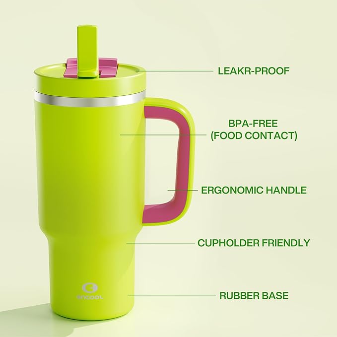 32 oz Tumbler with Handle and Straw: Stainless Steel Insulated Tumbler Keeps Cold for 24 Hours, Leakproof Travel Cup Fits in Cup Holder and BPA-Free,Acid Green