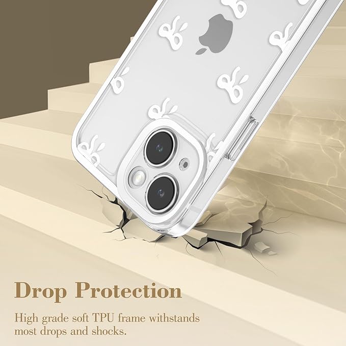 EYZUTAK Case for iPhone 13, Clear Cute Ribbon Bowknot Pattern Aesthetic Transparent Phone Case Raised Camera Protection Stylish Slim Soft Durable TPU Protective Cover for Women Girls - White