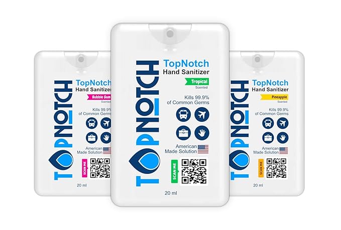 TOP NOTCH Hand Sanitizer, Pack of 24 Pocket Spray (20ml) Variety Pack Tropical, Bubblegum, Pineapple