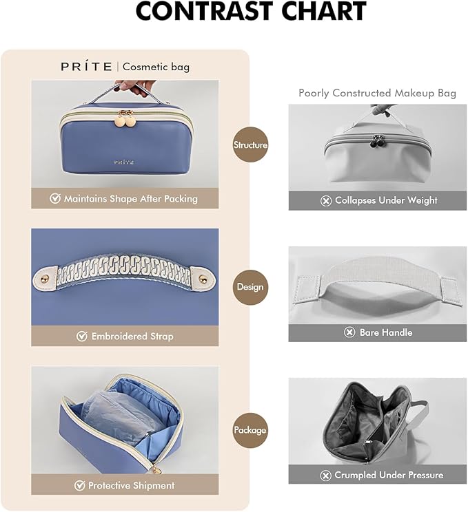 Prite Makeup Bag for Women Travel Waterproof Vegan Leather Cosmetic Bag Open Flat Toiletry Bag With Clear Divider and Handle (Blue)