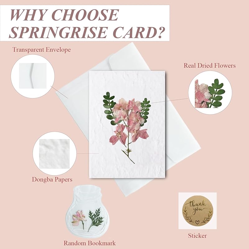 Handmade Real Flower Greeting Card with Transparent Envelopes, 4 * 6 inches, Minimalist Design, Perfect for Business, Weddings, Baby Showers,Birthday, Graduations & Thank you & Holiday & Gift