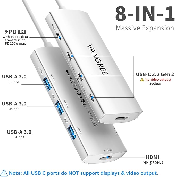 USB C Hub 8 in 1 Multiport Adapter, 3 USB 3.2 Gen 2 Ports with 10Gbps, 3 USB-A 3.0 5Gbps, 4K@60Hz HDMI, 100W PD, USBC Splitter for MacBook Pro, iPad Pro, Mac mini and More(Not Support USB-C Monitor)