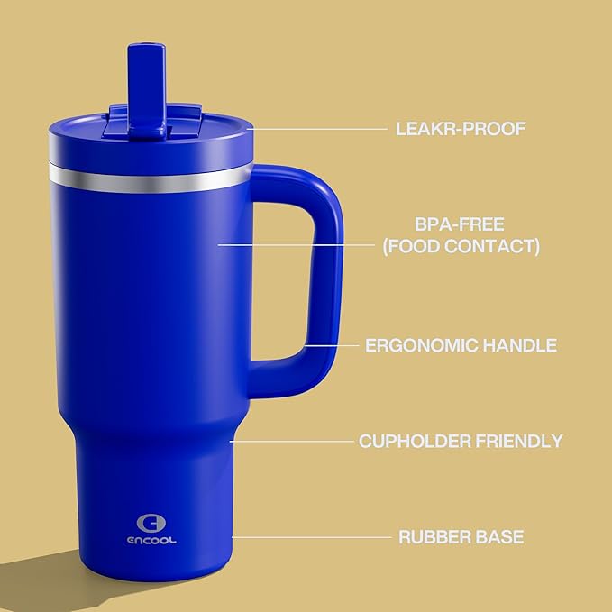 32 oz Tumbler with Handle and Straw: Stainless Steel Insulated Tumbler Keeps Cold for 24 Hours, Leakproof Travel Cup Fits in Cup Holder and BPA-Free, Royal Blue