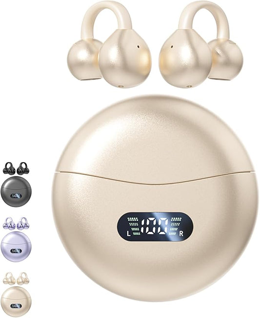 Clip on Earbuds Open Ear Wireless Bluetooth 5.4 Headphones with Mic,60H Play,Noise Cancelling,Waterproof,Sports Ear Buds,Comfortable for Small Ears & Glasses Wearers,Workouts (Off White)