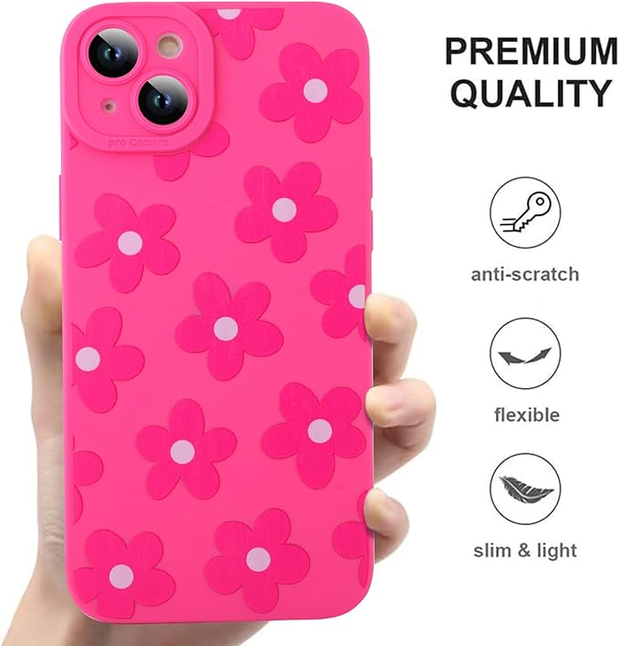 ZIYE for iPhone 15 Case Hot Pink Flower Pattern Phone Case with Camera Protection,Soft TPU Silicone Rubber Protective Cover Floral Design Cases Compatible with iPhone 15 6.1 Inch