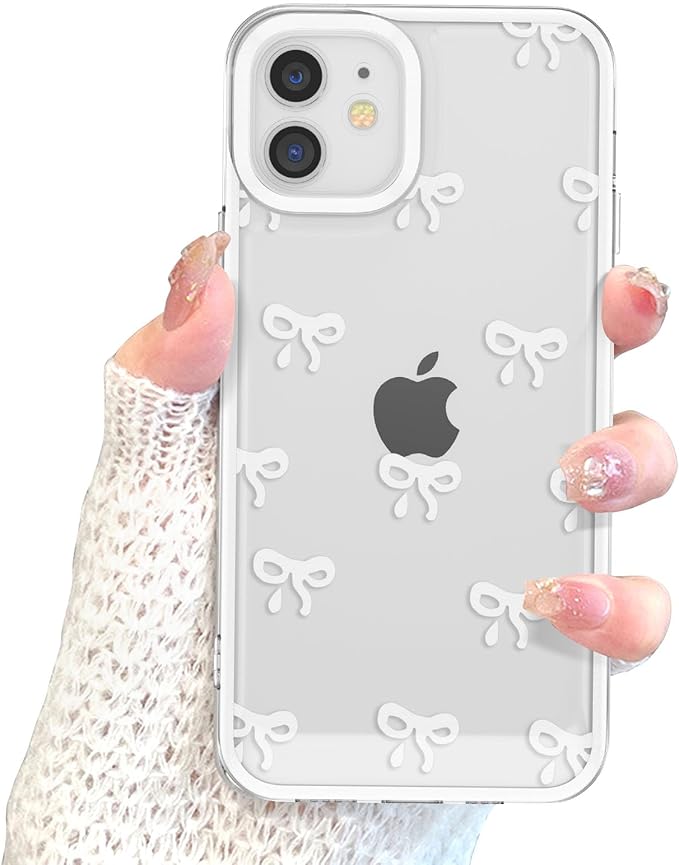 EYZUTAK Case for iPhone 12, Clear Cute Ribbon Bowknot Pattern Aesthetic Transparent Phone Case Raised Camera Protection Stylish Slim Soft Durable TPU Protective Cover for Women Girls - White
