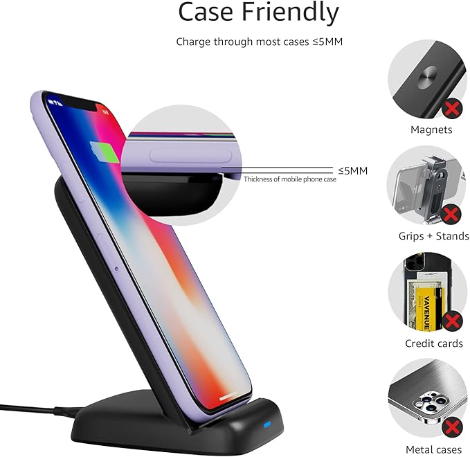 Amazon Basics 10W Qi Certified Wireless Charging Stand, for Phone 16/15/14/13/12/11/X, Samsung, and More, with USB Cable (No AC Adapter), Black