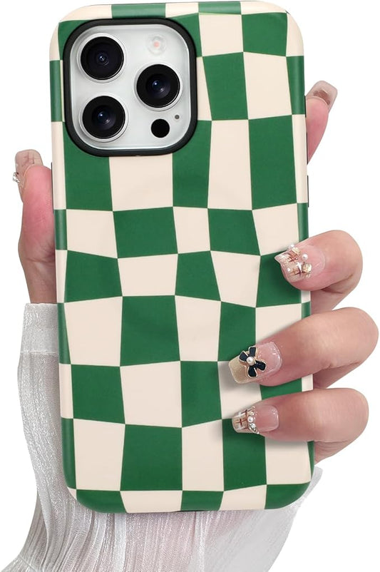 SOKAD Magnetic Checkered Phone Case for iPhone 16 Pro Max, Cute Grids Plaid Checkerboard Pattern Compatible with Magsafe Matte Protective Case Cover with Screen Protector for Girls Women, Green