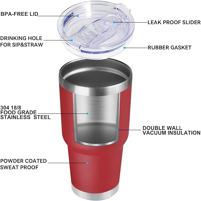 DOMICARE 30 oz Tumbler with Lid and Straw, Stainless Steel Tumblers Bulk, Insulated Vacuum Double Wall Travel Coffee Mug, Durable Powder Coated Tumbler Cups (Red, 12)