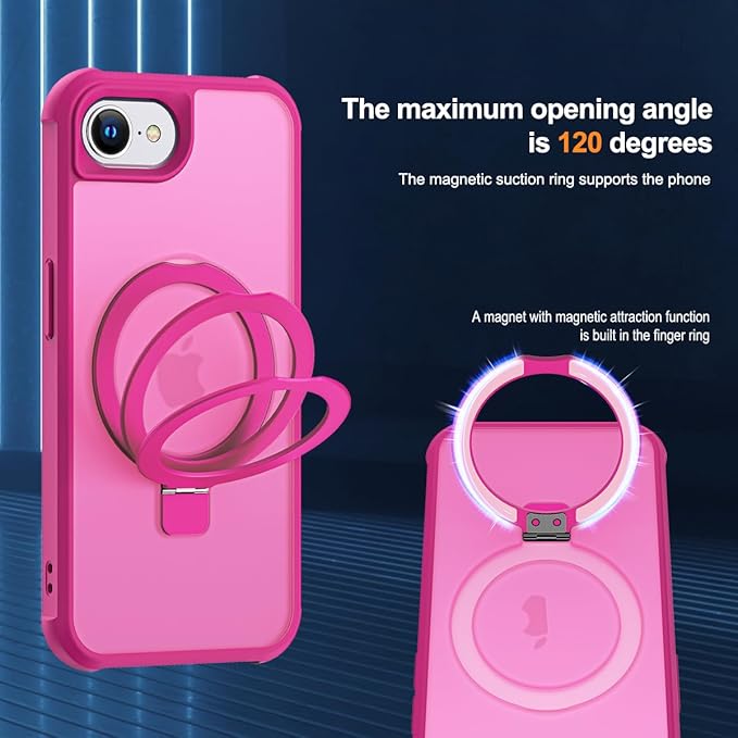 Compatible with iPhone 16E Case with Invisible Magnetic O-Ring Stand Military-Grade Translucent Case for iPhone 16E 6.1" 2025 [Compatible with Mag-Safe][Great Grip Feeling], Rose
