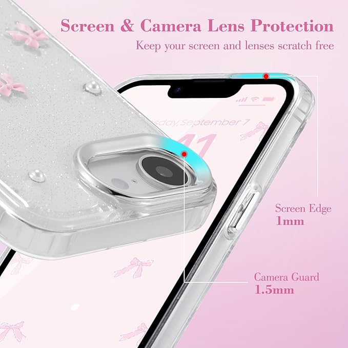 EYZUTAK Case for iPhone 16e, Bling Glitter 3D Bowknot Phone Case Cute Sparkly Crystal Clear Bow Aesthetic Design Cover Slim Soft Durable TPU Transparent Protective Cover for Women Girl - Pink Bow