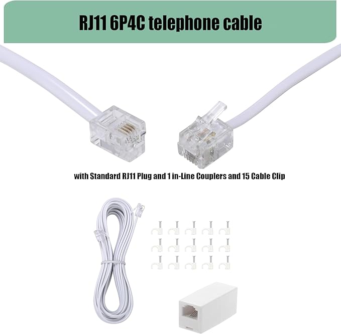 Long Telephone Extension Cord Phone Cable Line Wire, with Standard RJ11 Plug and 1 in-Line Couplers and 15 Cable Clip Holders-White (15feet)