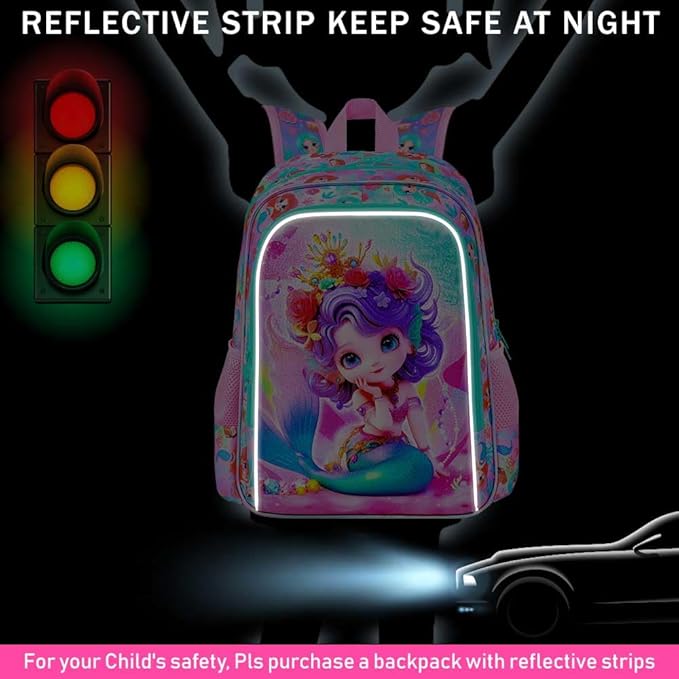 Mermaid Backpack, 16" Girls Kids Bookbag with Lunch Box，3Pcs School Backpacks for Elementary Preschool Kindergarten (Pink)