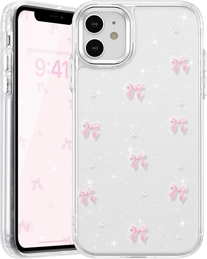 EYZUTAK Case for iPhone 12/iPhone 12 Pro, Bling Glitter 3D Bowknot Phone Case Cute Sparkly Crystal Clear Bow Aesthetic Case Slim Soft Durable TPU Transparent Protective Cover for Women Girls-Pink Bow