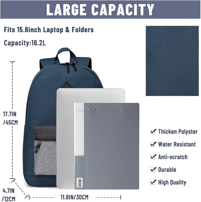 VASCHY Backpack for Men Women, Water-Resistant School Backpack Bookbag Schoolbag Casual Daypack Work Navy