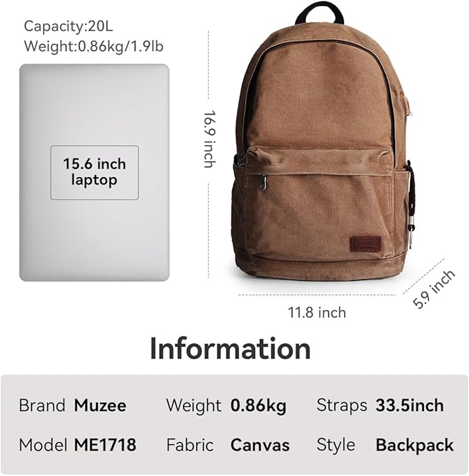 Muzze Canvas Backpack for Women and Men, Lightweight Classic Laptop Backpack with USB Charging Port for School, Travel and Daily Use, Khaki